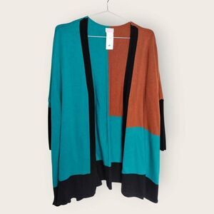 Chicos Womens Sweater Cardigan Sz S/M Open Color Block Turquoise‎ Cabincore